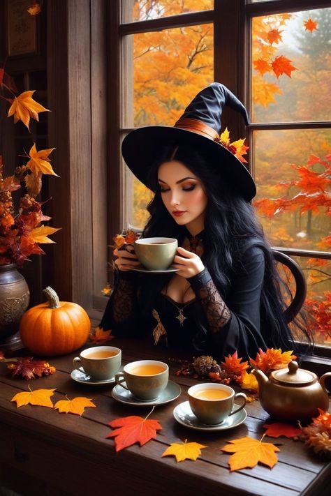 Beautiful autumn witch. (((Hatless))) Drinking her tea while... by Olga Andrievska - Playground Witch With Pumpkin, Autumn Magic Witch, Fall Witch Aesthetic, Autumn Witch Aesthetic, Thanksgiving Witch, Coffee Witch, Tea Witch, Beautiful Witches, Village Witch