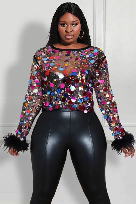 Xpluswear Design Plus Size Party Blouse Black Round Neck Disco Sequin Feather Mesh See-Through Blouse Black-2XL/18-20 PlusSizeSummerStyle #summervivibes #plussizefashionista #ootd #plussizequeen #plussize #summerfashion. https://whispers-in-the-wind.com/the-ultimate-plus-size-outfit-guide-summer-in-style/?662 Plus Size Disco Outfit Ideas, Plus Size Disco Outfit, Christmas Party Outfits Black Women, Plus Size All Black Outfit Night, 50th Birthday Outfits For Women Classy, Rave Outfit Plus Size, Plus Size Vegas Outfits, 40th Birthday Outfits For Women, Holiday Tops For Women