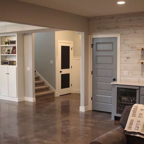 Stained Concrete Basement Floor, Concrete Floors Bedroom, Concrete Floors Living Room, Finished Concrete Floors, Floor Tiles For Home, Concrete Basement Floors, Concrete Basement, Feeling At Home, Concrete Stained Floors