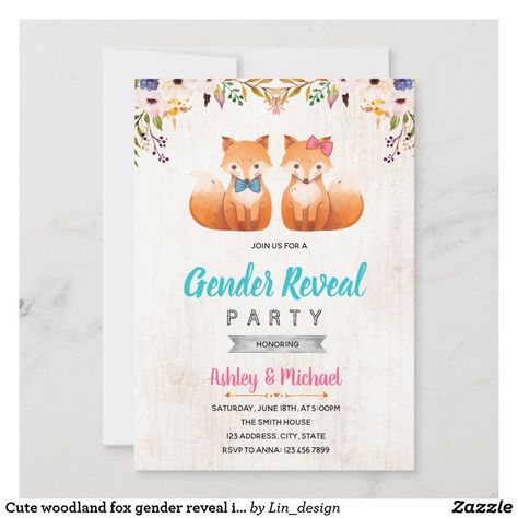 Theme Gender Reveal Ideas, Fox Gender, Fox Invitation, Fox Baby Shower, Gender Reveal Ideas, Woodland Fox, Woodland Baby Shower Invitations, Gender Reveal Invitations, Woodland Theme