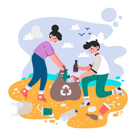 People cleaning beach together | Free Vector #Freepik #freevector People Cleaning The Environment, Cleaning Drawing, Beach Cleaning, Save Earth Drawing, Earth Drawings, Peace Poster, Beach Clean Up, Up Animation, Nature Art Drawings