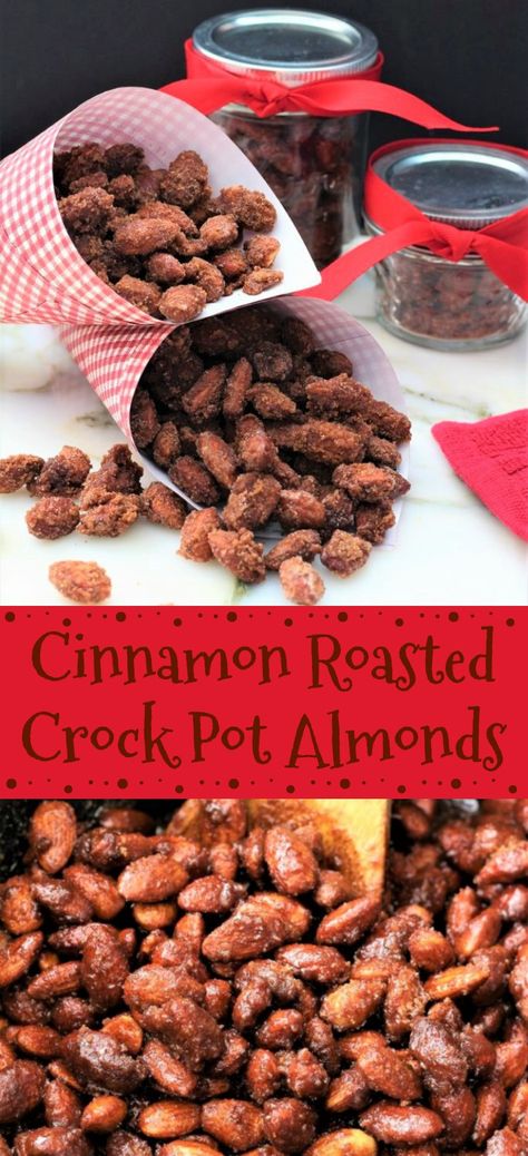 Cinnamon roasted crock pot almonds are such a wonderful gift or snack. Perfect for the holiday season. Make some for your neighbors today.  The holidays are such a busy time of year. This cinnamon roasted crock pot almonds recipe makes up into such an amazing treat and neighbor gift.  Buying the cinnamon almonds at the mall is so expensive. It is so easy to make them at home, and they come together pretty quickly. The cinnamon adds the perfect spice to these almonds. They roast to perfection. Crock Pot Almonds, Almonds Recipe, Crockpot Roast, Cinnamon Almonds, Nut Recipes, Crock Pot Cooking, Holiday Cooking, Almond Recipes, Winter Food