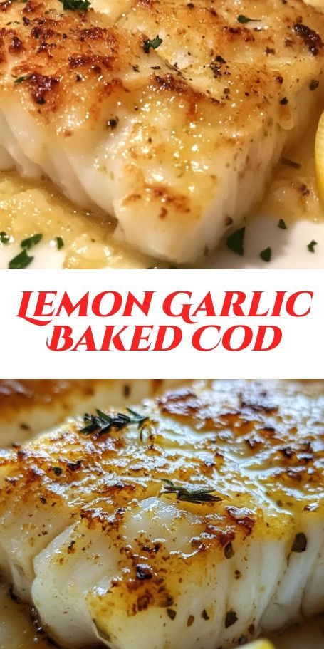 Baked Cod with Lemon and Garlic - A delicious and healthy meal made with fresh cod marinated in a citrusy and garlicky mixture. Perfect for a quick and flavorful dinner option! Quick Fish Dinner Ideas, Fish Recipes Cod Baked, White Cod Recipes, How To Marinate Cod Fish, Garlic Butter Cod Baked Fish, Cod With Pasta Recipes, Healthy Cod Dinner Recipes, Steamed Cod Recipes, Cook Cod In The Oven