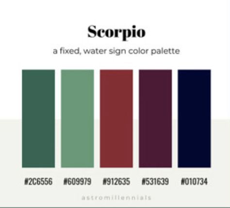 Scorpio Color Palette, Scorpio Colors, Scorpio Colour Palette, Zodiac Makeup Looks Scorpio, Zodiac Color Palette, Zodiac Colour Palettes, Scorpio Room Decor, Pisces Zodiac Color Palette, Zodiac Sign Colors Palette