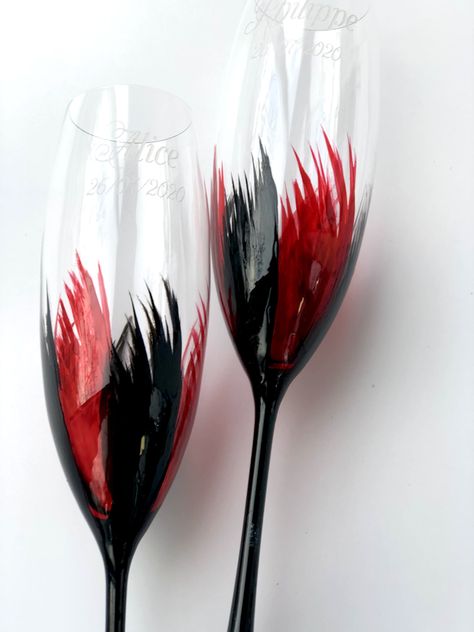 Two black red Personalized flutes 230ml Bohemia glasses Hand painted Glasses In addition to it we can propose Unity Candle Set Unity Candle Holders Plate and two forks for the wedding cake Battery knives Black And Red Wedding Ideas Decoration, Black Red Silver Wedding, Crimson Red And Black Wedding, Black Wedding Dress With Red Accents, Black And Red Gothic Wedding Theme, Black And Red Wedding Decorations, Black And Red Wedding Theme Wedding Ceremony Decor, Black And Red Wedding Rings Sets, Goth Wedding Red And Black