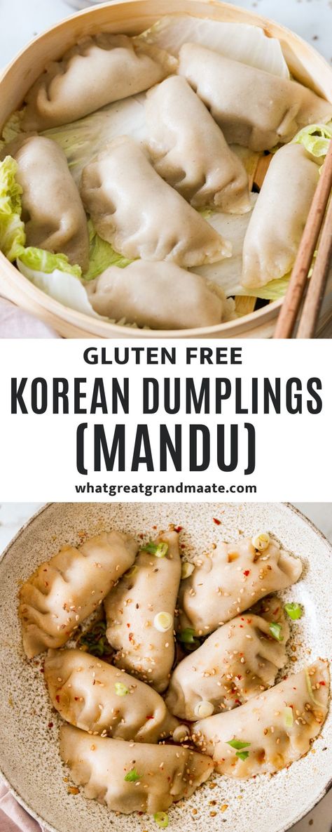 Make juicy Korean dumplings, or mandu, by scratch packed with meat and vegetables. This homemade mandu can be made gluten free with delicious and sturdy gluten free dumplings wrappers. So yummy served with addicting dipping sauce! Gluten Free Dairy Free Dumplings, Gluten Free Chinese Dumplings, Gluten Free Dim Sum Recipes, Korean Gluten Free Recipes, Gluten Free Dumpling Dough, Vegan Mandu, Gluten Free Japanese Recipes, Gluten Free Korean Recipes, Gluten Free Dumplings Recipe