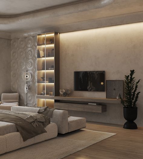 Bedroom Wabi Sabi with open bathroom on Behance Tv Unit Panel, Wabi Sabi Bedroom Design, Bedroom Wabi Sabi, Wabi Sabi Bedroom, Futuristic Bedroom, Tv Unit Bedroom, Modern Tv Unit Designs, Integrated Lighting, Wabi Sabi Interior