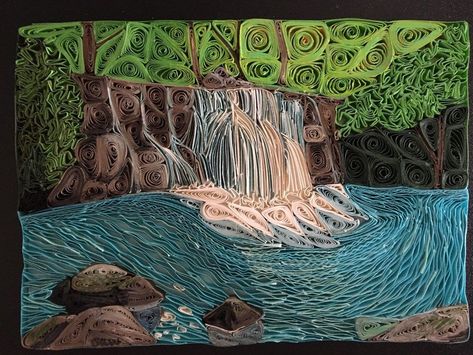 Paper Quilling Landscape, Quilling Landscape, Paper Waterfall, Quilling Painting, Tropical Waterfall, Quilling Birthday Cards, Waterfall Ideas, Oil Pastel Drawings Easy, Rolled Paper Art