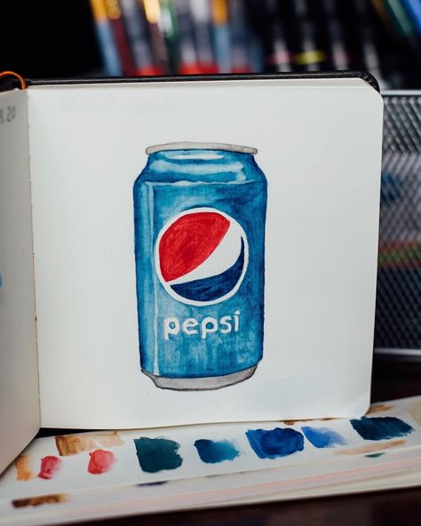 Pop Can Drawing, Pepsi Painting, Pepsi Drawing, Watercolor Challenge, Pepsi Can, Watercolour Challenge, Bottle Drawing, Art Pins, Coke Cans