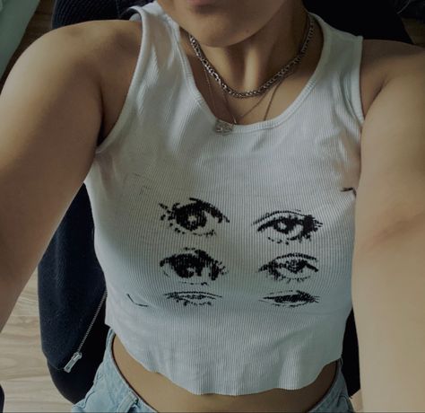 Painted Tank Top Aesthetic, Drawing On Tank Top Diy, Staff Retreat, Clothes Painting, Tank Tops Diy, Eye Clothes, Diy Crop Top, Upcycling Clothes, Baby Tank Tops