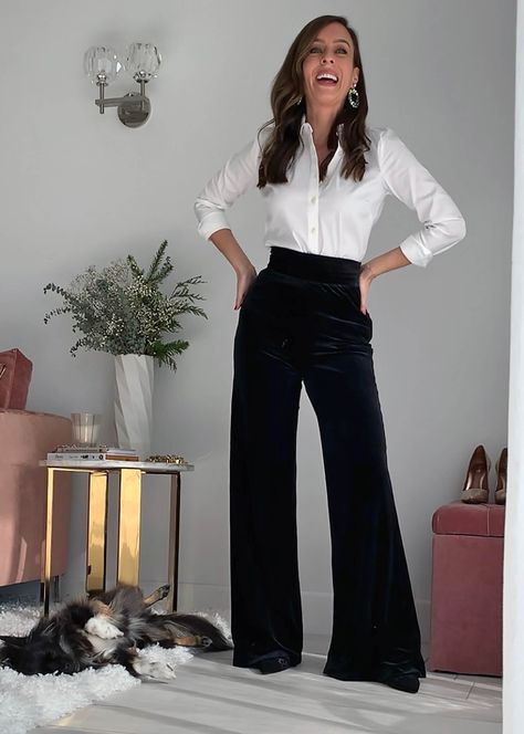 Velvet Pants - 6 Ways To Wear Velvet Pants For The Holidays| Sydne Style Velvet Pants Work Outfit, How To Style Velvet Flare Pants, How To Style Wide Leg Velvet Pants, Wide Leg Velour Pants Outfit, Black Velvet Outfits For Women, Velvet Pants Holiday Outfit, Blue Velvet Pants Outfit Winter, Black Velvet Bell Bottoms Outfit, Velvet Trousers Outfit Party