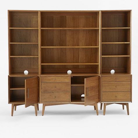 Build Your Own - Mid-Century Media - Acorn, Entertainment Center | West Elm Mid Century Built Ins, Mid Century Office Ideas, Mid Century House Interior, Modern Bookcase Wall, Cozy Mid Century Modern Living Room, Mid Century Modern Eclectic, Mid Century Modern Bookshelf, Family Room Storage, Mid Century Wall Unit