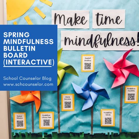 Spring Mindfulness Bulletin Board with QR Codes Spring Bulletin Board Ideas Middle School, Mindfulness Bulletin Board, School Counselor Bulletin Boards, Counselor Bulletin Boards, School Counseling Bulletin Boards, Counseling Bulletin Boards, Bulletin Boards Theme, Work Bulletin Boards, Counseling Techniques