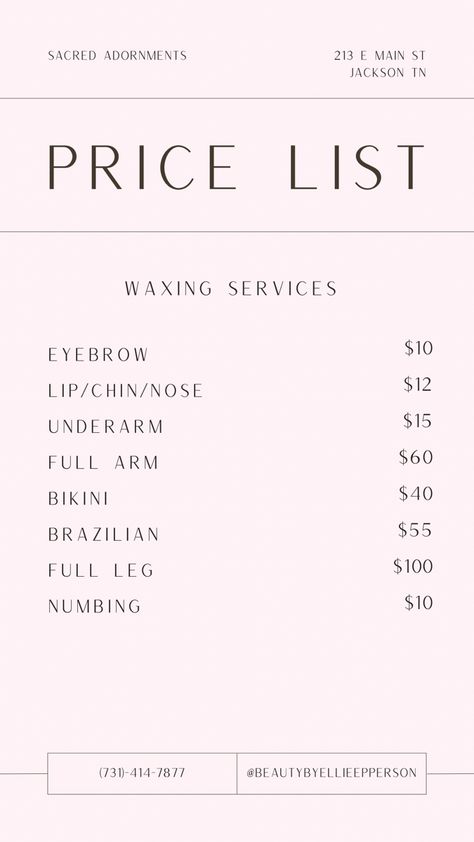 Facials Price List, Waxing Menu Ideas, Esthetician Price List Ideas, Wax Price List, Esthetician Pricing, Facial Price List Ideas, Facial Service Menu Ideas, Esthetician Menu Of Services, Facial Price List