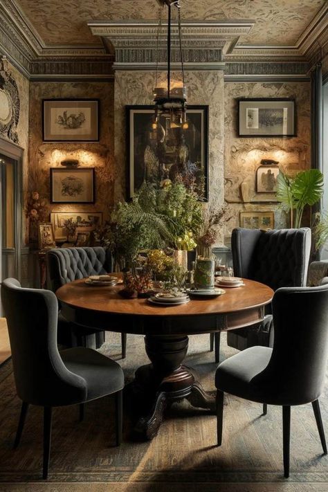 7 Essential Dark Academia Decor Tips to Transform Your Home - Sweet Magnoliaa Moody Historic Home, Decorating Dinning Room Walls, Dark Academia Wedding Ideas, Dark Academia Dining Room Aesthetic, Table For Two Aesthetic, Dark Academia Dining Table, Curated Home Interior Design, Dining Room Dark Academia, Round Dining Table Inspiration