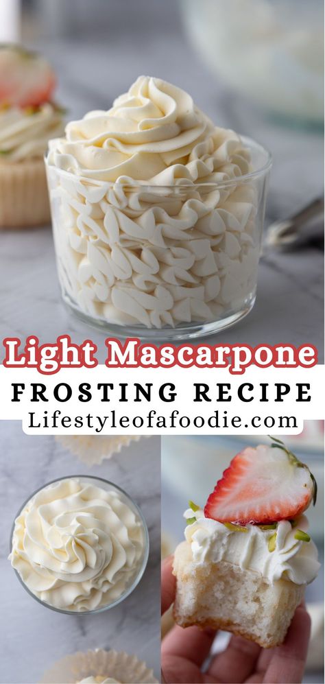 This mascarpone cake frosting recipe is smooth and creamy thanks to the higher fat content of both the mascarpone and the heavy cream used in this recipe. It yields a light and airy frosting that will not overpower your cakes and cupcakes but take them to a completely new level! Cinnabon Frosting Recipe, Marscapone Frosting, Heavy Cream Frosting, Mascarpone Frosting Recipe, Mascarpone Cake, Mascarpone Recipes, Mascarpone Frosting, Cake Frosting Recipe, Best Carrot Cake