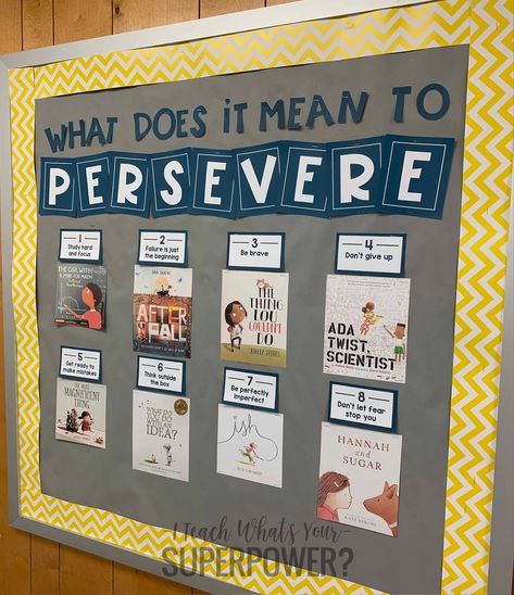 What does it mean to persevere? Teach perseverance with these mentor texts.  Free bulletin board template, too! Bulletin Board Template, Free Bulletin Board, School Counseling Bulletin Boards, Counseling Bulletin Boards, Library Bulletin Boards, Board Template, School Displays, Mentor Texts, Classroom Bulletin Boards