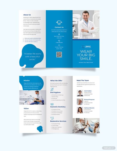 Happy Dental, Medical Website Design, Ppt Template Design, Modern Brochures, Trifold Brochure Design, Marketing Brochure, Wix Templates, Microsoft Publisher, Fold Brochure