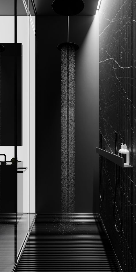 Minimal Dark Aesthetic, Bathroom Interior Design Luxury Black, Bathroom Design Ideas 2023, Shower Design Ideas, Interior Design Bathroom, Black Bedroom Design, Remodeling Bathroom, Modern Luxury Bathroom, Mega Yacht