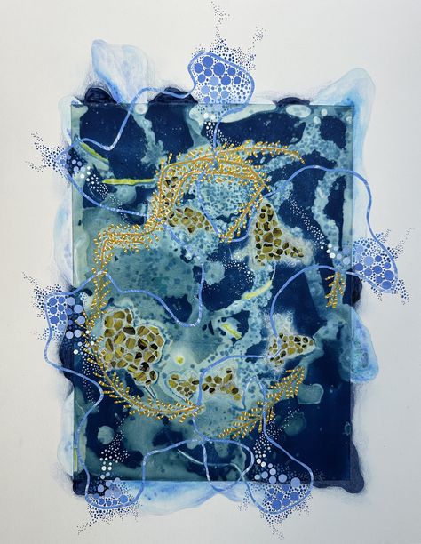 Hand-painted tape on cyanotype Cyanotype Aesthetic, Cyanoprint Fabric, Cyanotype And Watercolor, Cyanotype Collage, Wet Cyanotype Tutorial, Mixed Media Cyanotype, Cyanotype Transparency, Wet Cyanotype Process, Cyanotype Process