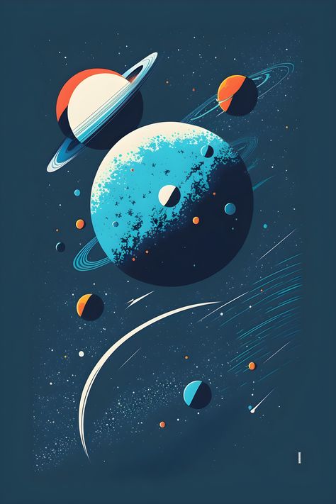 Space Theme Illustration, Simple Space Art, Galaxy Illustration Art, Space Illustration Art, Space Travel Illustration, Space Graphic Design, Space Snacks, Orange Planet, Universe Illustration