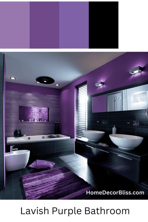 Vibrant Purple Bathroom: Dual Vessel Sinks and Built-In Bathtub Bathroom With Purple Accents, Purple Bathroom Walls, Contemporary Bathroom Inspiration, Contemporary Color Schemes, Purple Bathroom, Built In Bathtub, Purple Stuff, Purple Bathrooms, Minimalist Layout