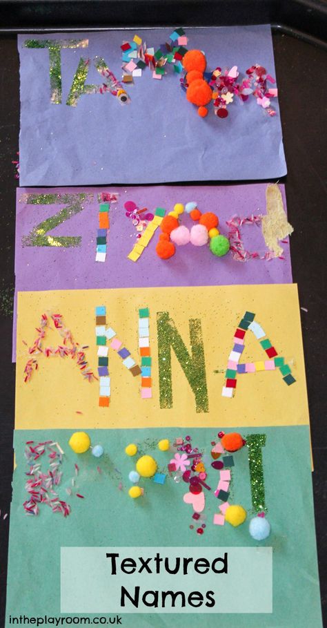 textured names with double sided tape. Fun name recognition activity for kids Name Art Ideas, Art Ideas For Preschoolers, Name Activities Preschool, Senses Preschool, Ideas For Preschoolers, Preschool Names, Name Recognition, Name Crafts, Name Activities