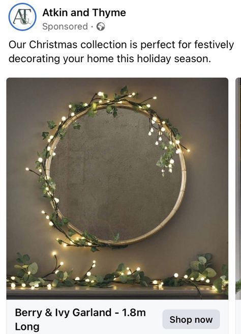 Christmas Lights Around Mirror, Christmas Decor For Round Mirror, Round Mirror Christmas Decor Ideas, Christmas Round Mirror, Beauty Salon Christmas Decorations, Round Mirror Christmas Decor, Round Mirror Diy, Novogodisnje Dekoracije, Christmas Salon