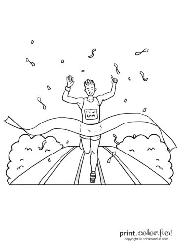 Runner crossing the race finish line coloring page - Print. Color. Fun! Race Finish Line Drawing, Sunday School Coloring Sheets, Marathon Man, Running Art, Hut Ri, A Level Art Sketchbook, Sport Craft, Colouring Pics, Boat Race