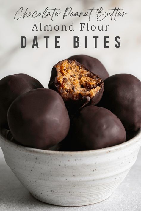 Chocolate Peanut Butter Almond Flour Date Bites - Healthy Little Vittles Date Bites, Almond Flour Desserts, Clean Dessert, Paleo Recipes Dessert, Desserts Vegan, Protein Bites, Healthy Sweet Treats, Healthy Sweets Recipes, Healthy Sweets