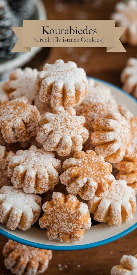 Kourabiedes are the ultimate holiday indulgence! These rich, buttery Greek cookies are packed with almonds and dusted with powdered sugar, making them perfect for Christmas celebrations. Almond Powder Cookies, Croatian Cookies Christmas, Greek Cookie Recipes, Finikia Cookies, Greek Christmas Desserts, Epiphany Desserts, Greek Sweets Desserts, Festive Christmas Desserts, Greek Christmas Dinner