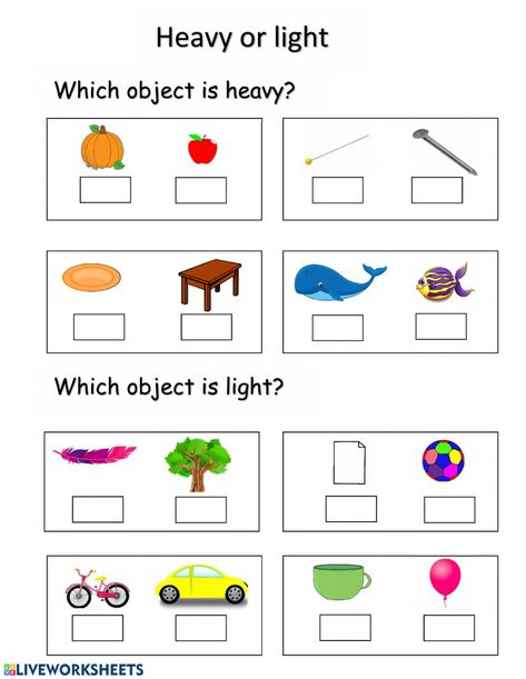 Heavy And Light Worksheet, Alphabet Letter Crafts, Kids Worksheets Preschool, Free Preschool Worksheets, Preschool Math Worksheets, Worksheets For Kindergarten, 1st Grade Math Worksheets, English Worksheets For Kids, Heavy And Light