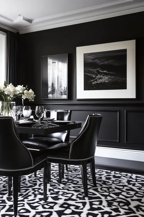 "Transform your dining space with the elegance of a Bold Monochrome Dining Room! ⚫⚪ Ideal for those who love a modern, chic aesthetic. 🌿✨ #BlackAndWhiteDecor #DiningRoomInspo #ModernLiving" Black Panelling Dining Room, Black Wall Paneling Dining Room, Dulux Black Caviar, Egyptian Cotton Dulux Paint Dining Room, Monochrome Dining Room, White Dinning Room, Black And White Dining Room, White Dining Room, Dining Room Interiors