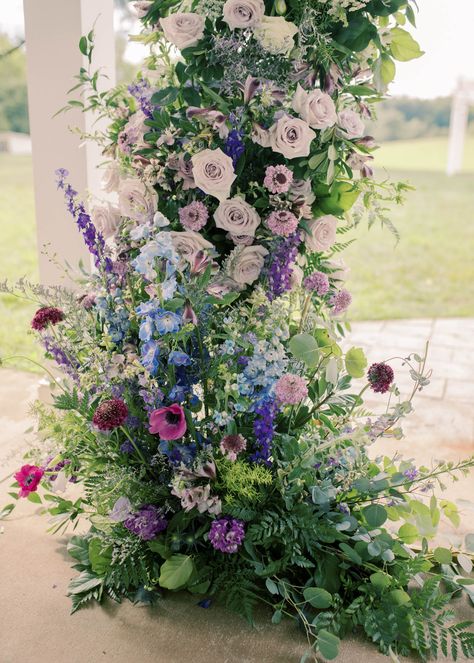 Gorgeous blue and purple ombre wedding ceremony floral pillars for a garden wedding arch Purple Blue Wedding Flowers, Wedding Color Schemes Blue And Purple, Pink Purple Blue Wedding Color Palettes, Purple And Blue Wedding Flowers, Light Blue And Purple Wedding, Lilac And Blue Wedding, Purple Garden Wedding, Purple Ombre Wedding, Garden Wedding Arch