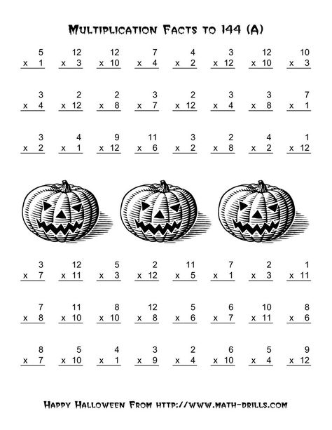 The All Operations -- Multiplication Facts to 144 (A) Math Worksheet from the Halloween Math Worksheets Page at Math-Drills.com. Halloween Multiplication Worksheets, 4th Grade Multiplication Worksheets, Halloween Multiplication, 4th Grade Multiplication, Easy Math Worksheets, Holiday Math Worksheets, Multiplication Facts Worksheets, Math Multiplication Worksheets, Halloween Math Worksheets