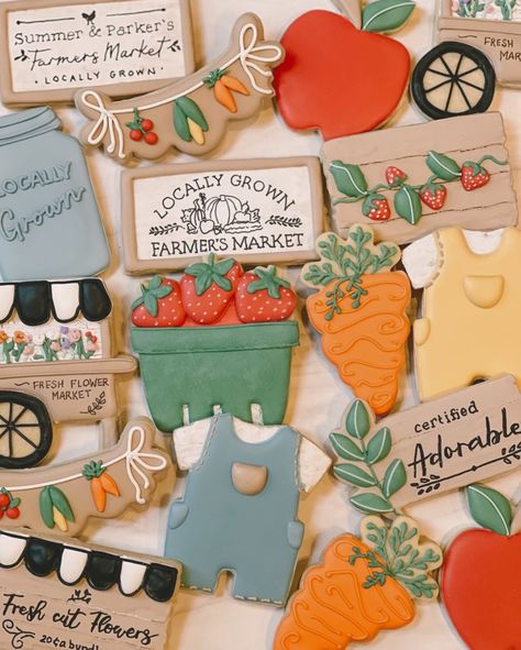 Farmers Market Cookies Decorated, Locally Grown Baby Shower Cookies, Locally Grown Birthday Party, Gardening Theme Party, Market Theme Party, Farmers Market Cookies, Farmers Market Theme, Market Birthday Party, Baby Birthday Theme