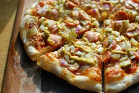 Hot Dog Pizza - The Food in My Beard Pickles Onions, Dog Pizza, Hot Dog Pizza, Chili Dog, Pizza Shapes, Mustard Pickles, New Pizza, Cooking Pizza, Chili Dogs