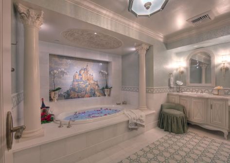 The new Fairy Tale Suite bathroom features a steam shower and Jacuzzi tub. Photo (c) Disney. Disneyland Honeymoon, Disney Hotels Room, Princess Bathroom, Disney Bathroom, Casa Disney, Disney Honeymoon, Disney Rooms, Honeymoon Suite, Disneyland Hotel