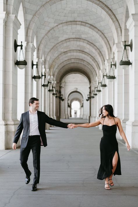 This Union Station DC engagement session is iconic. The modern style paired with the station's architecture created the perfect captures. black and white engagement session modern engagement pictures engagement outfit Black Suit Engagement Photos, Cool Tone Engagement Photos, Saint Louis Engagement Photos, Engagement Photos Wearing Black, Classy Outdoor Engagement Photos, Charlotte Nc Engagement Photos, Classic Engagement Photoshoot, Engagement Photoshoot Black Dress, Black And White Engagement Outfits