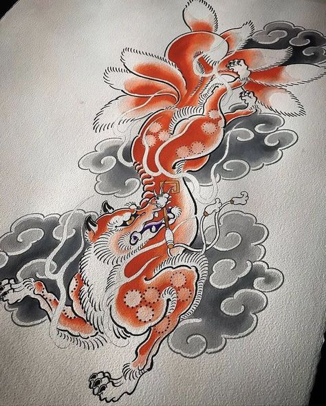 Traditional Japanese Fox Tattoo, Kitsune Traditional Art, Kitsune Japanese Art, Kitsune Japanese Tattoo, Japanese Fox Tattoo, Red Fox Tattoos, Kitsune Tattoo, Traditional Japanese Tattoo Flash, Tattoo Japanese Style