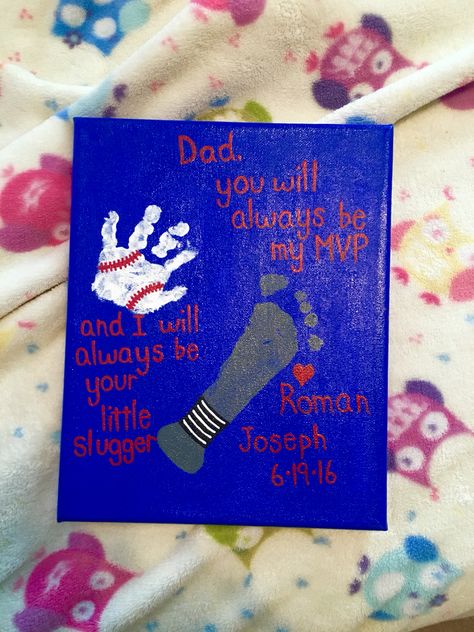 Baseball Footprint Craft, Baseball Handprint Craft, Father’s Day Crafts For Infants, Fathers Day Baseball Crafts For Kids, Baseball Handprint Fathers Day, Father’s Day Canvas Ideas, Sports Fathers Day Gifts From Kids, Baseball Fathers Day Crafts, Baseball Theme Fathers Day Craft