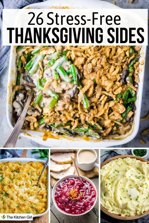 A collage of Thanksgiving side dishes: a green bean casserole with fried onions, mashed potatoes garnished with herbs, cranberry sauce with sliced oranges, and a baked dish with a crispy topping. Banner reads 26 Stress-Free Thanksgiving Sides. Easy Thanksgiving Sides, Holiday Recipes Thanksgiving, Handmaids Tale, Easy Thanksgiving Recipes, Holiday Menus, Free Thanksgiving, Green Bean Casserole, Thanksgiving Sides, Holiday Meal