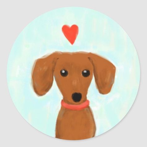 Dachshund Love | Cute Wiener Dog with Heart Classic Round Sticker Arte Dachshund, Dog With Heart, Dachshund Drawing, Dachshund Painting, Long Haired Miniature Dachshund, Dachshund Quotes, Red Dachshund, Personalized Leather Dog Collar, Leather Dog Collar Custom