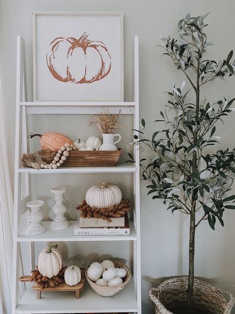 Fall Decor Ladder Shelf, Fall Book Shelf Decor, Fall Shelf Decor Ideas, Fall Bookshelf Decor, Wreck Room, Fall Bookshelf, Fall Shelf Decor, Tennessee Farm, Decor Bookshelves