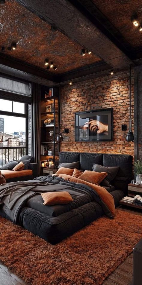 Industrial Style Interior Design Bedroom, Industrial Loft Bedroom Ideas, Masculine Cozy Bedroom, Unique Bedroom Design Small Spaces, Male Bedroom Ideas Bachelor Pads, Man Bedroom Design, Mens Interior Design, Old Room Ideas, Skincare Table