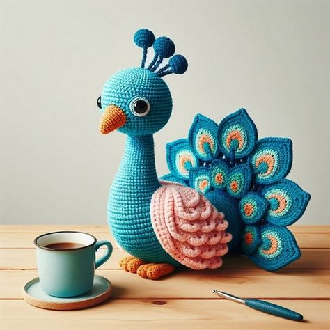 Paco The Peacock Crochet Idea Free Peacock Crochet Pattern, Peacock Amigurumi Free Pattern, Peacock Crochet Pattern Free, Amigurumi Peacock, Peacock Crochet Pattern, Crocheted Chickens, Crochet Peacock, Amigurumi Birds, Peacock Crochet