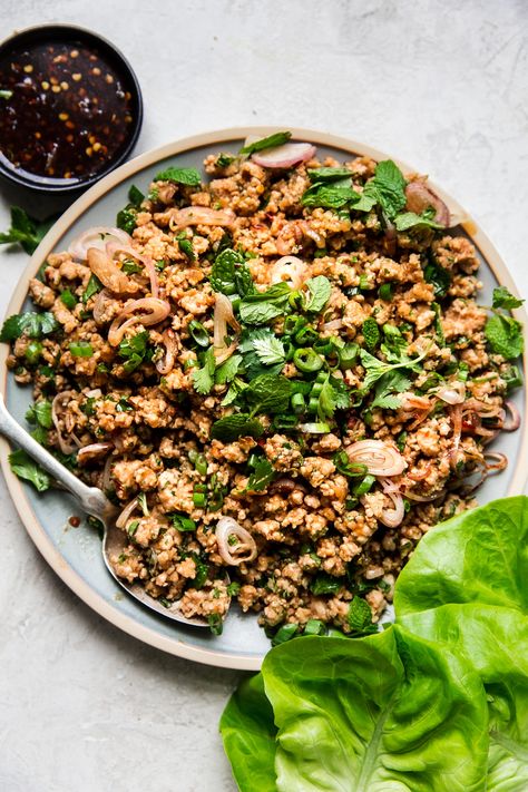 Larb Lettuce Cups | The Modern Proper Ground Turkey Larb Recipe, Thai Ground Chicken Lettuce Wraps, Ground Turkey Larb, Chicken Larb Recipes Thai, Thai Larb Recipe, Chicken Larb Recipe, Easy Larb Recipe, Pork Chop Recipes Instant Pot, Larb Recipe Thai