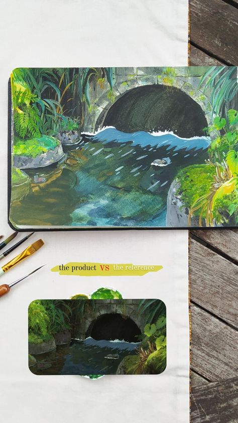 Ghibli Study, Gouache Sketchbook, Oil Pastels Painting, Gouache Illustrations, Gouache Art, Canvas Painting Designs, Painting Art Lesson, Nature Drawing, Ghibli Art