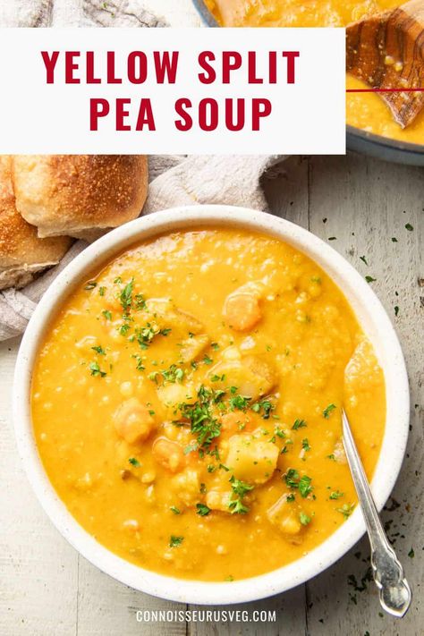 This yellow split pea soup soup is hearty, satisfying, and loaded with flavor. It's also super easy to make in one pot. Pair it up with some crusty bread for a comforting meal that everyone will love. It's vegan and gluten-free too! Pea Soup Without Ham, Yellow Split Pea Recipes, Yellow Pea Soup, Yellow Split Pea Recipe, Yellow Split Pea, Yellow Split Pea Soup, Easy Vegan Soup, Spinach Soup Recipe, Green Split Peas