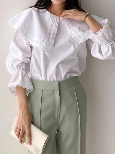 WIDE COLLAR COTTON BLOUSE Blouse Korea, Model Blouse, Fashionista Clothes, Blouse Tops, Korean Model, Cotton Blouse, Collar Blouse, White Blouse, Cotton Blouses